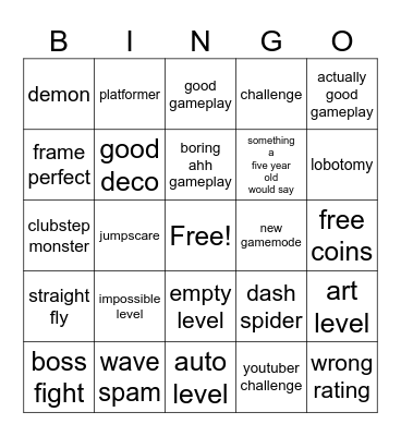 geometry dash recent tab bingo Card