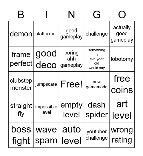 geometry dash recent tab bingo Card