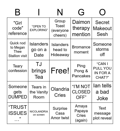 Love Island | Szn 7; Episode 24 Bingo Card