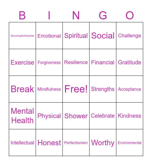 Self-Care/Self-Compassion Bingo Card
