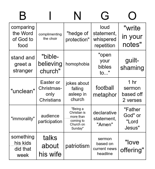 Baptist Sermons Bingo Card