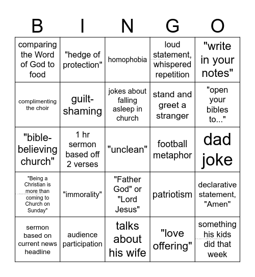 Baptist Sermons Bingo Card