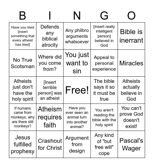 Bad Apologetics Bingo Card
