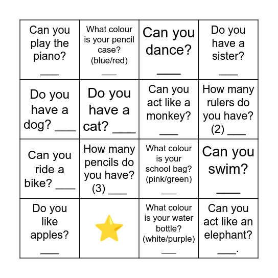 P1 Oral Bingo Game Bingo Card