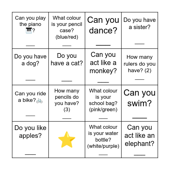 P1 Oral Bingo Game Bingo Card