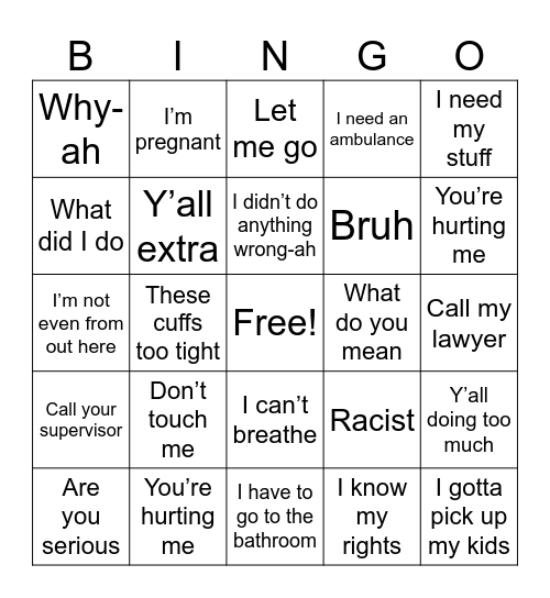Body Cam Bingo Card