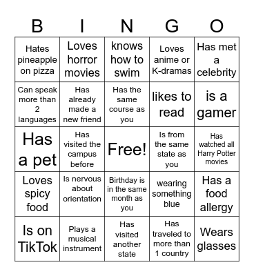 O R I E N T A T I O N Bingo Card