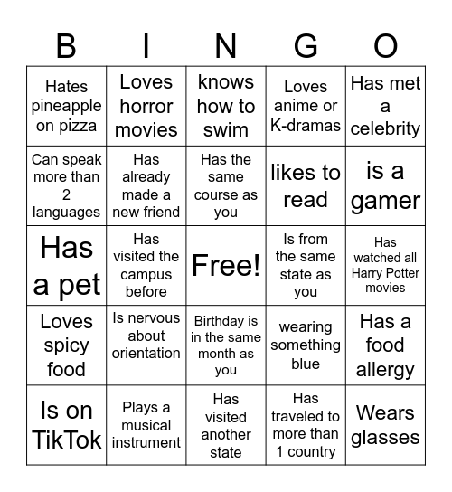 O R I E N T A T I O N Bingo Card