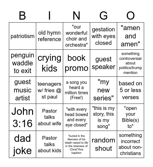 Average FBD Sunday Bingo Card