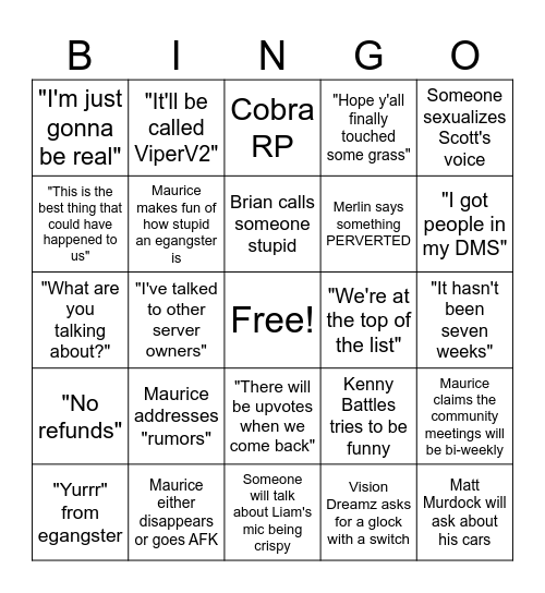 Viper Bingo Card