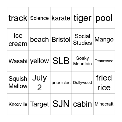 Savannah Bingo Card
