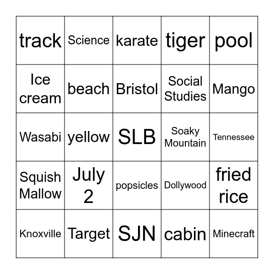 Savannah Bingo Card