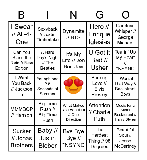 Boy Bands and Heartthrobs Bingo Card