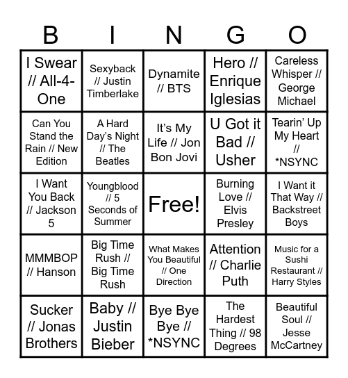 Boy Bands and Heartthrobs Bingo Card