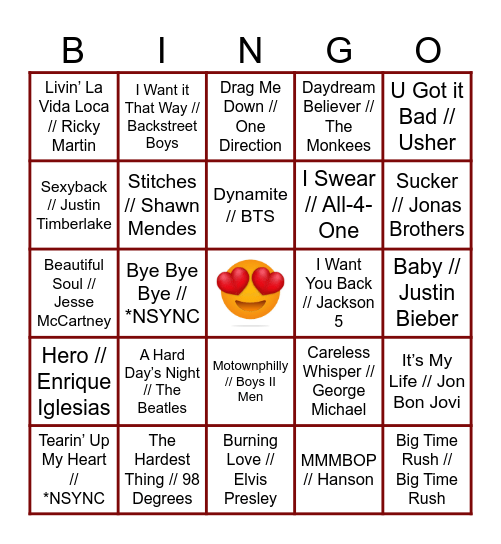 Boy Bands and Heartthrobs Bingo Card