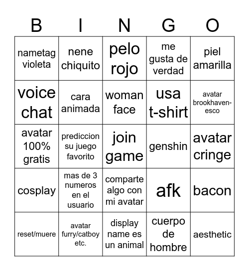 roblox player bingo Card