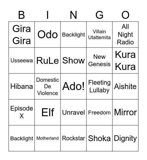 ADO SHOW BINGOy Bingo Card