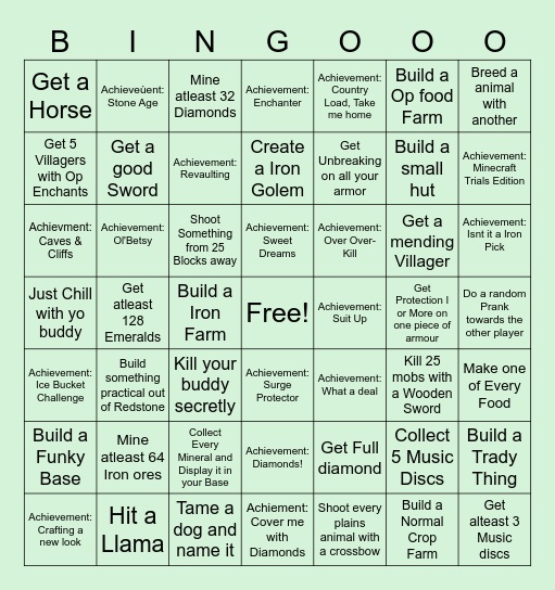 Minecraft Goals Bingo Card
