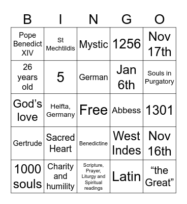 St Gertrude Bingo Card