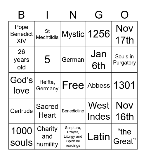 St Gertrude Bingo Card