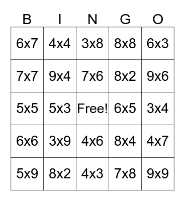 Multiplication Bingo Card
