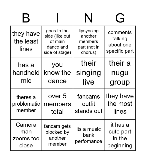 Kpop bingo (do while watching a fancam) Bingo Card