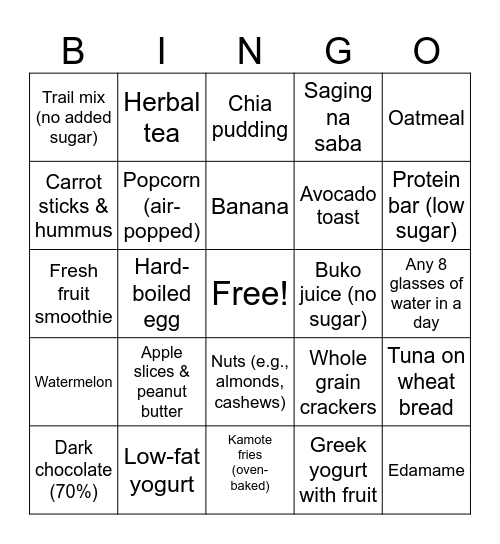 Smart Snacking Bingo Card