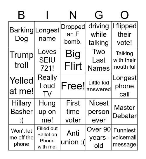GOTV PHONE BANK BINGO Card