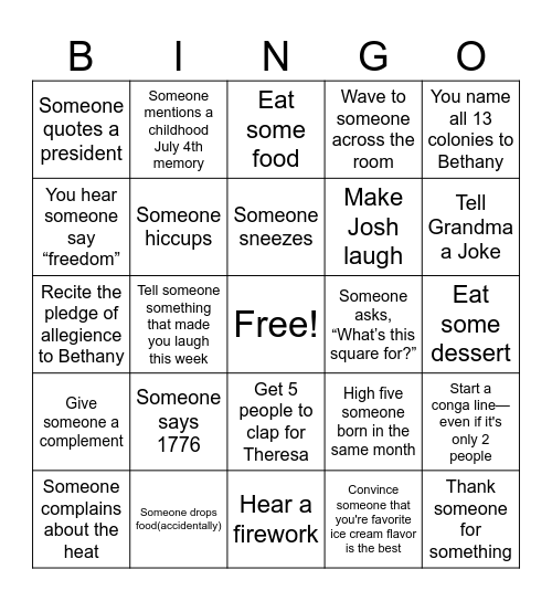 4th of July Bingo Card