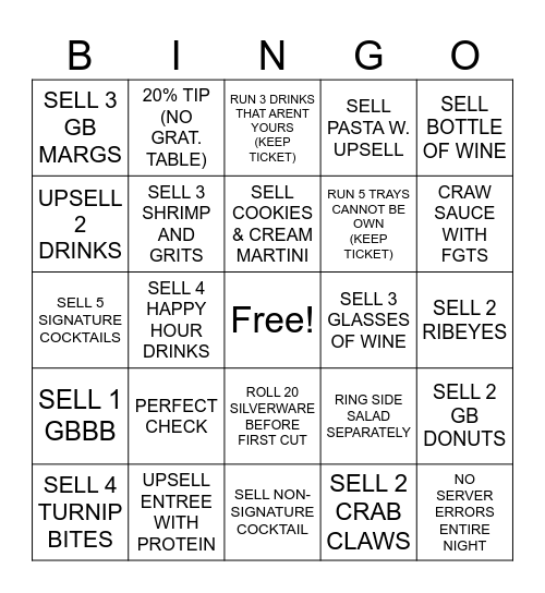 Restaurant Bingo Card