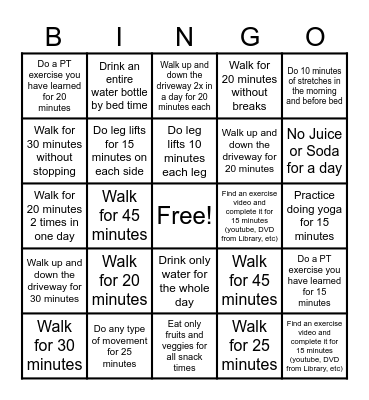Jennifer's Exercise Card July 2025 Bingo Card
