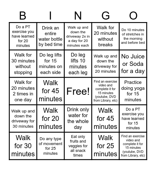 Jennifer's Exercise Card July 2025 Bingo Card