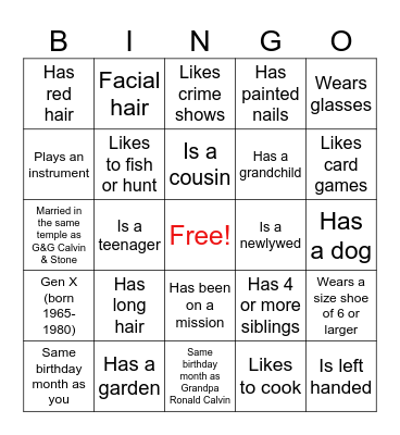 Calvin Family Bingo Card