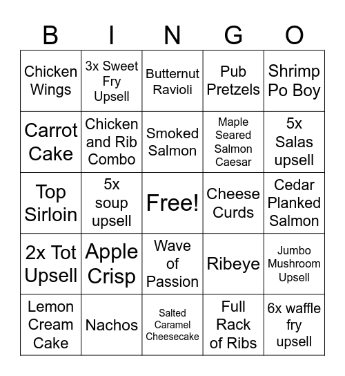 Blackwoods Food Bingo Card