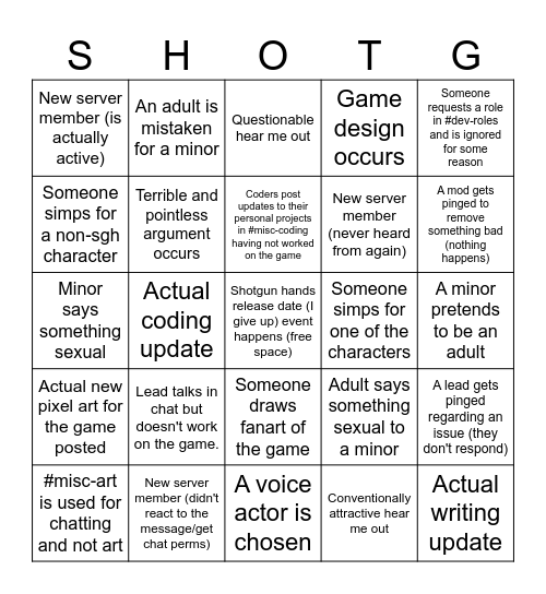 Shotgun Hands bingo 2.0 Bingo Card