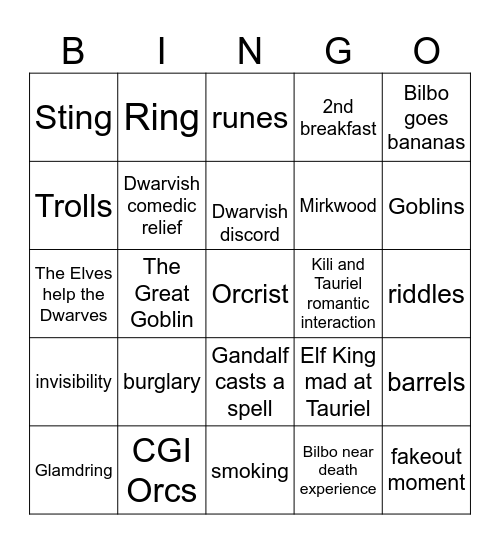 X The Hobbit Trilogy X Bingo Card