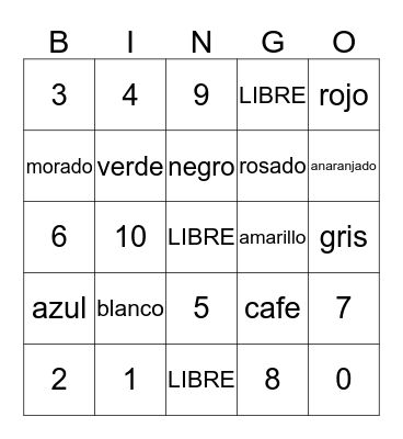 colores y numeros Bingo Card