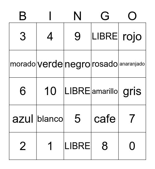 colores y numeros Bingo Card