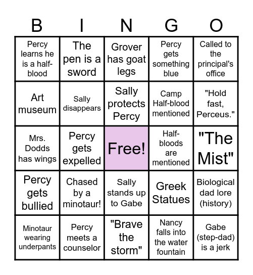 Percy Jackson Episode 1 Bingo Card