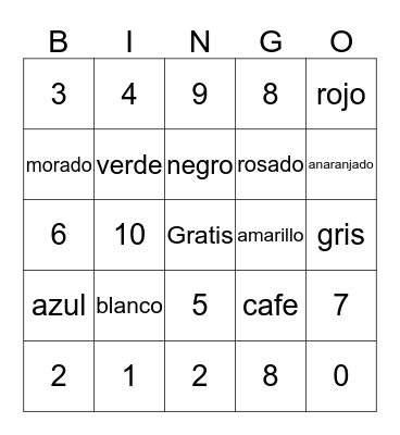 colores y numeros Bingo Card