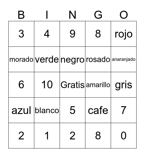 colores y numeros Bingo Card
