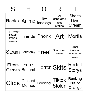 Shorts Bingo Card
