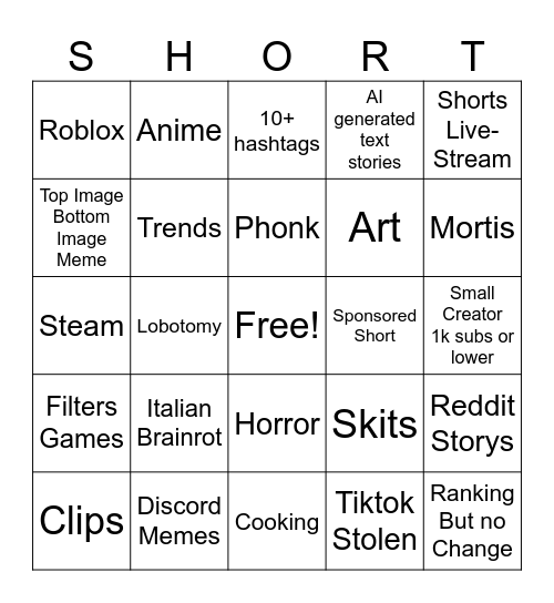 Shorts Bingo Card