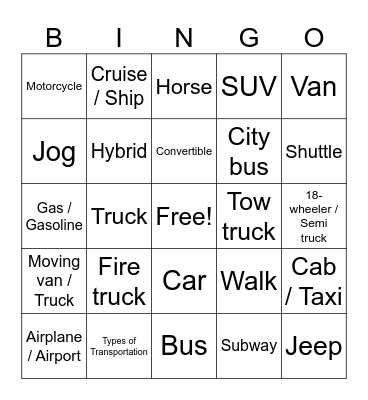 Transportation Bingo Card