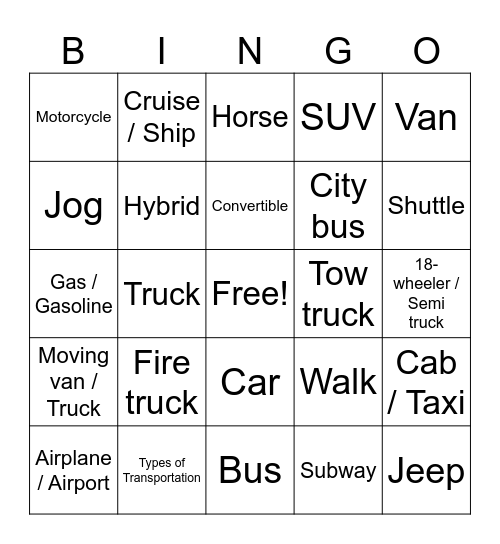 Transportation Bingo Card