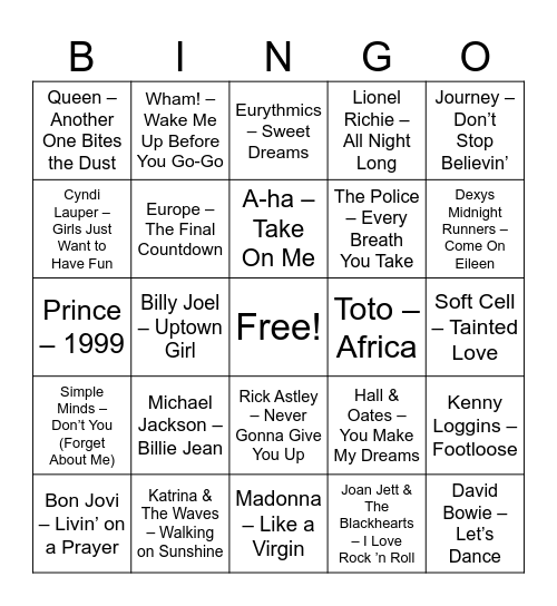 Round 1: 80s Hits Bingo Card
