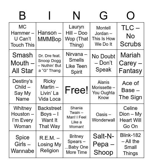 Round 2: 90s Hits Bingo Card