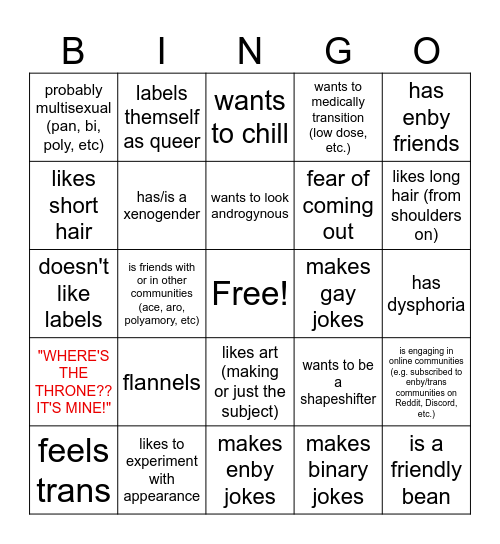 Enby Bingo Card