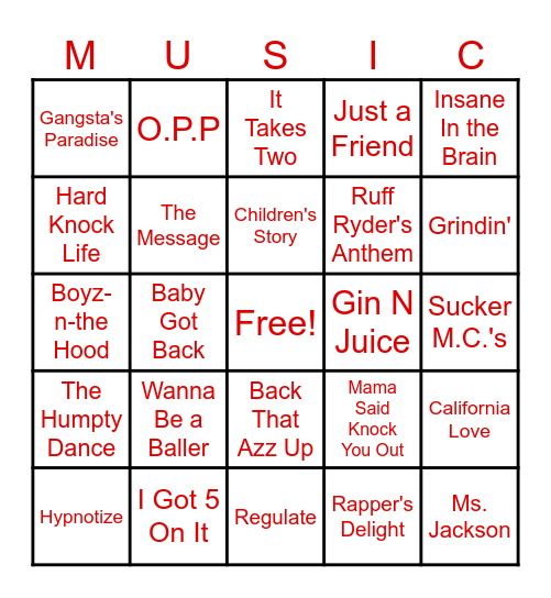 Hip Hop Throwbacks Bingo Card