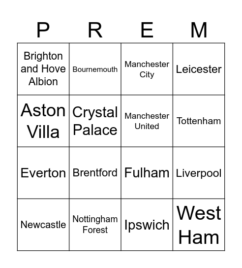 Corporate Global Fantasy Premier League Bingo Card
